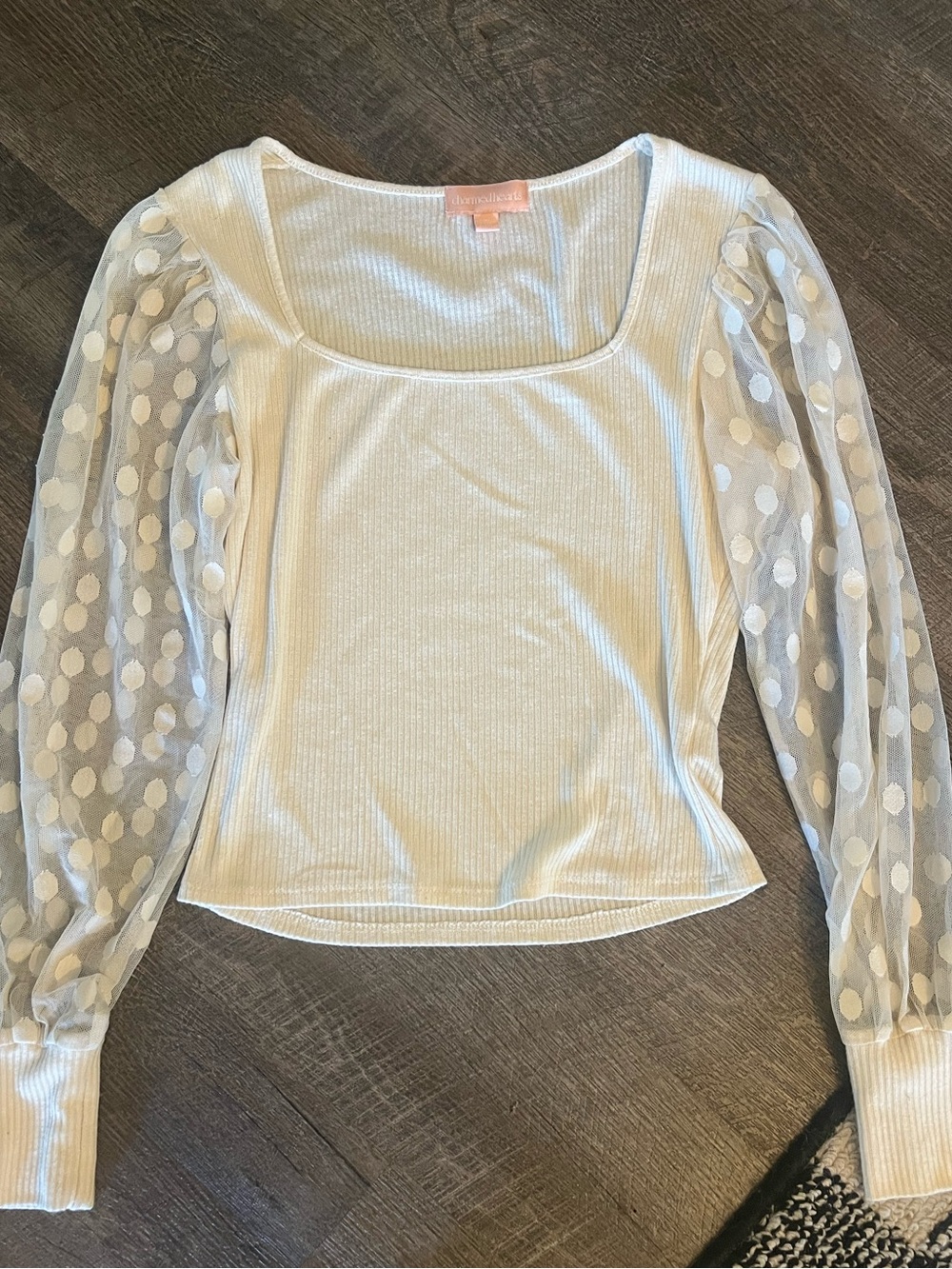 Charming Polka-Dot Puff-Sleeve Square Neck Top - Ivory